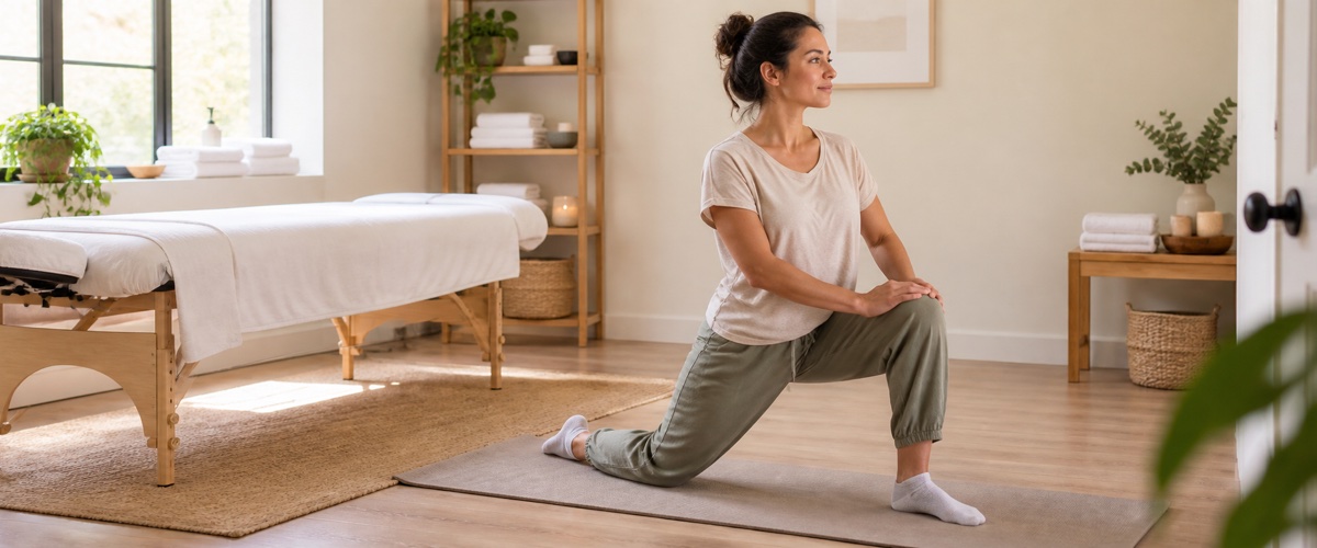 Client practising a gentle hip-flexor stretch between massage appointments