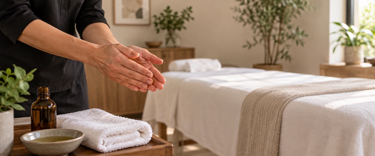 Massage therapist warming oil in a calm treatment room prepared for stress relief