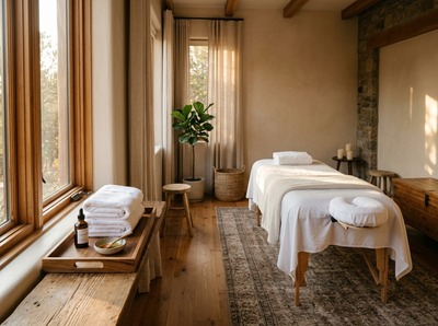 A quiet treatment room with a made-up table, a small dish of essential oil and a wooden tray of folded towels beside a window
