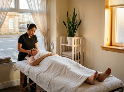 Therapist's fingertips sweeping from the client's temples down towards the neck, the client fully relaxed on a heated table