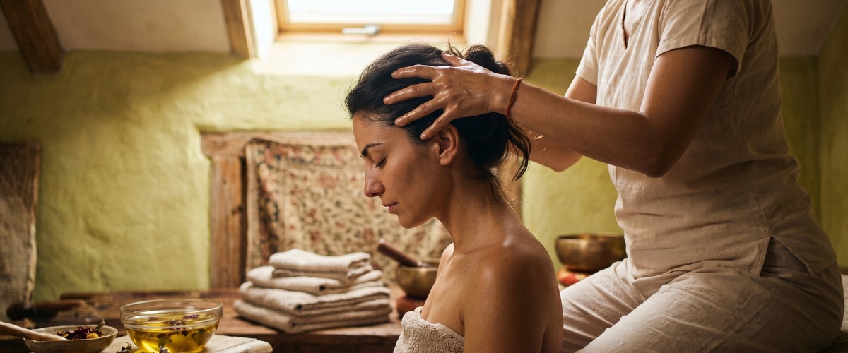 Scalp, neck and shoulder work to release the tension that builds at the top of the spine